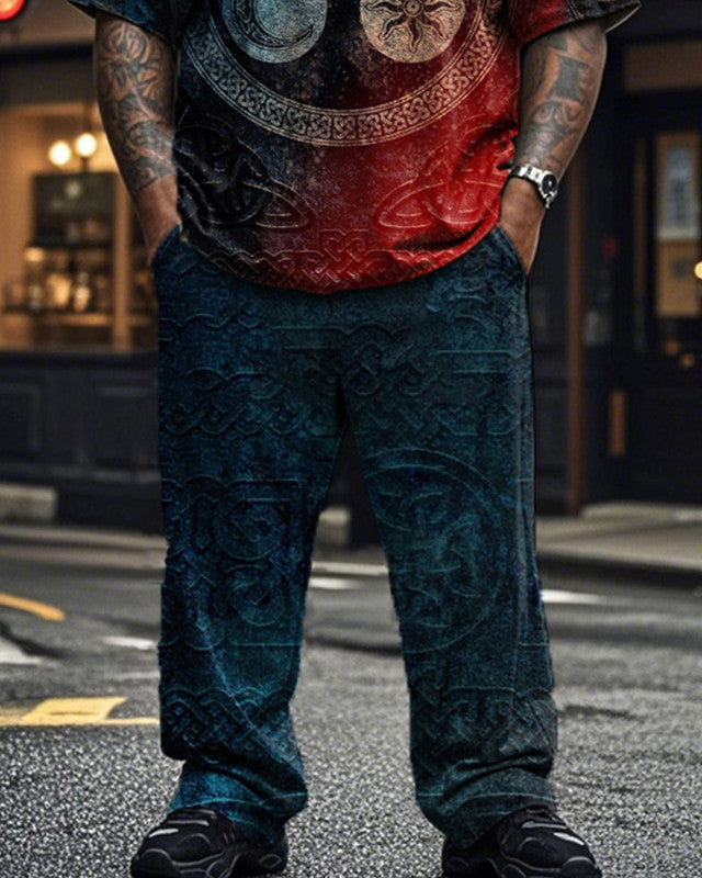 Gradient Viking Men's Large Size Short Sleeve Long Pants Two-Piece Set