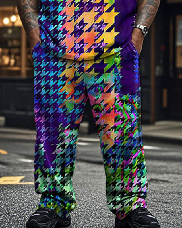 Colorful Plaid Round Neck Short-sleeved T-shirt Trousers Plus Size Suit