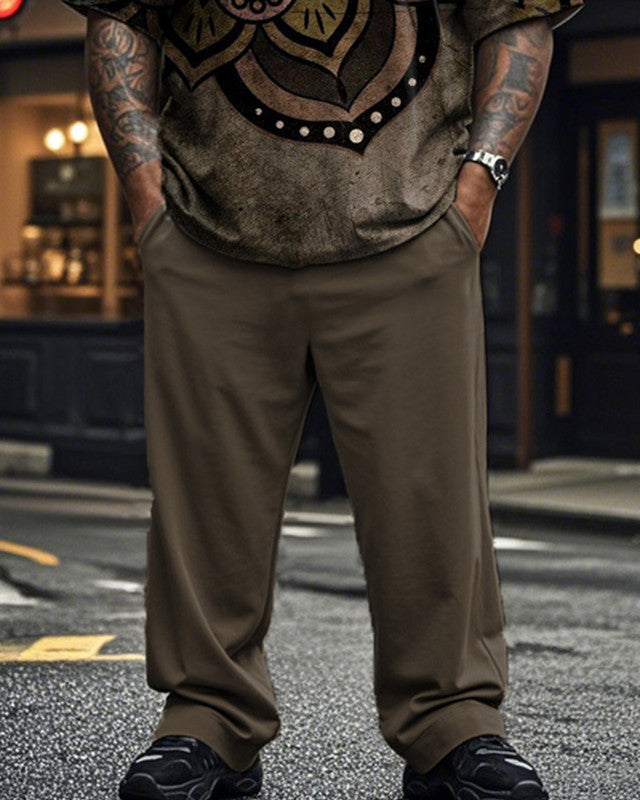Retro Totem Men's Large Size Short Sleeve Long Pants Two-Piece Set
