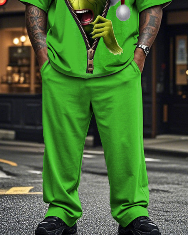 Christmas Monster Cute Print Large Size Short-sleeved T-shirt and Long Pants Two-piece Set