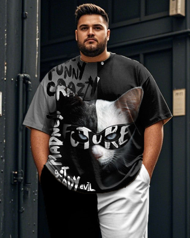 Colorblock Cat Plus Size Men's Short Sleeve Trousers Suit