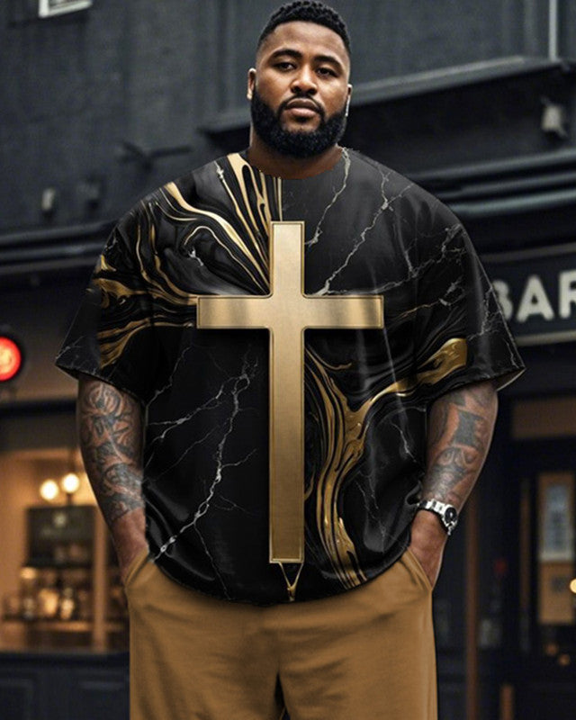 Flowing Texture Cross Men's Large Size Short Sleeve Long Pants Two-piece Set