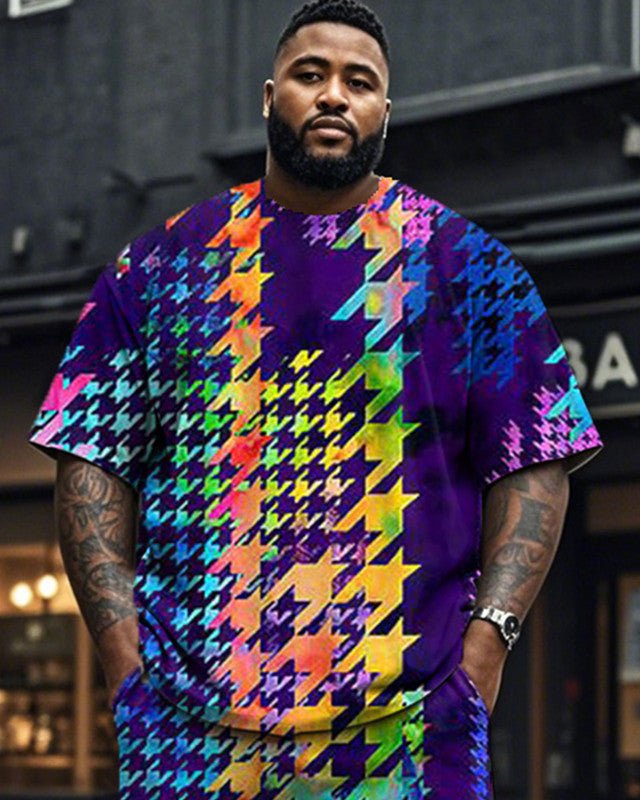 Colorful Plaid Round Neck Short-sleeved T-shirt Trousers Plus Size Suit