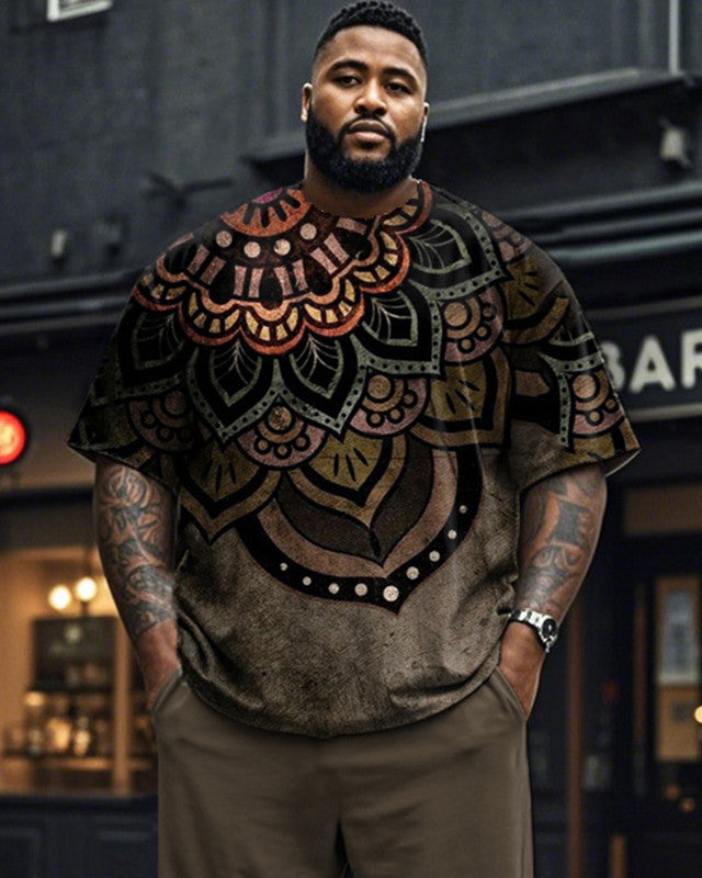 Retro Totem Men's Large Size Short Sleeve Long Pants Two-Piece Set