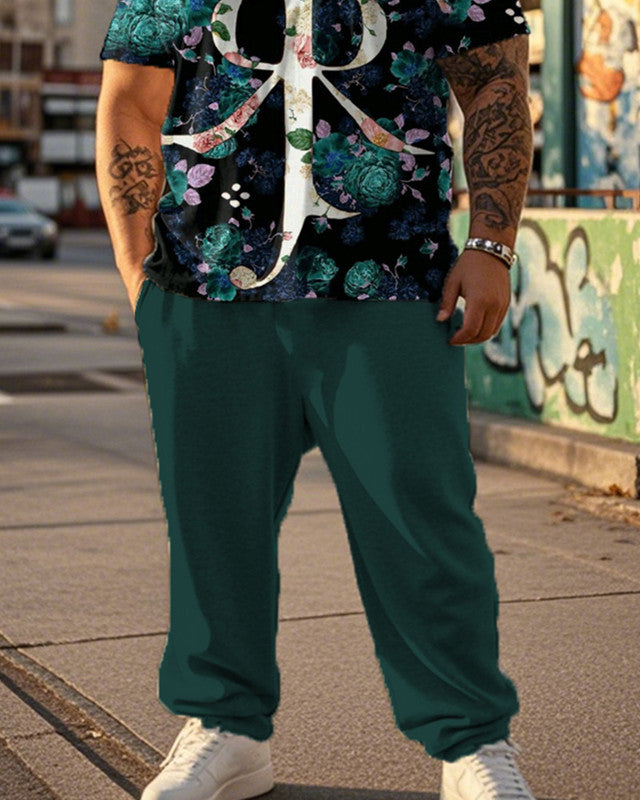 Finger Ring King Flower Print Large Size Short Sleeve T-shirt Pant Suit