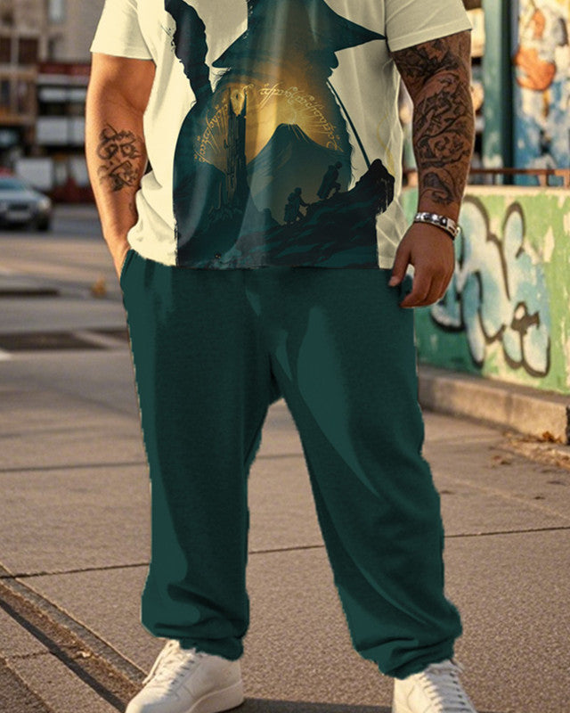Lord of The Rings Print Plus Size Short Sleeve T-shirt and Pant Suit