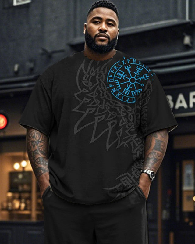 Viking Retro Large Size Short Sleeve Long Pants Two-Piece Set