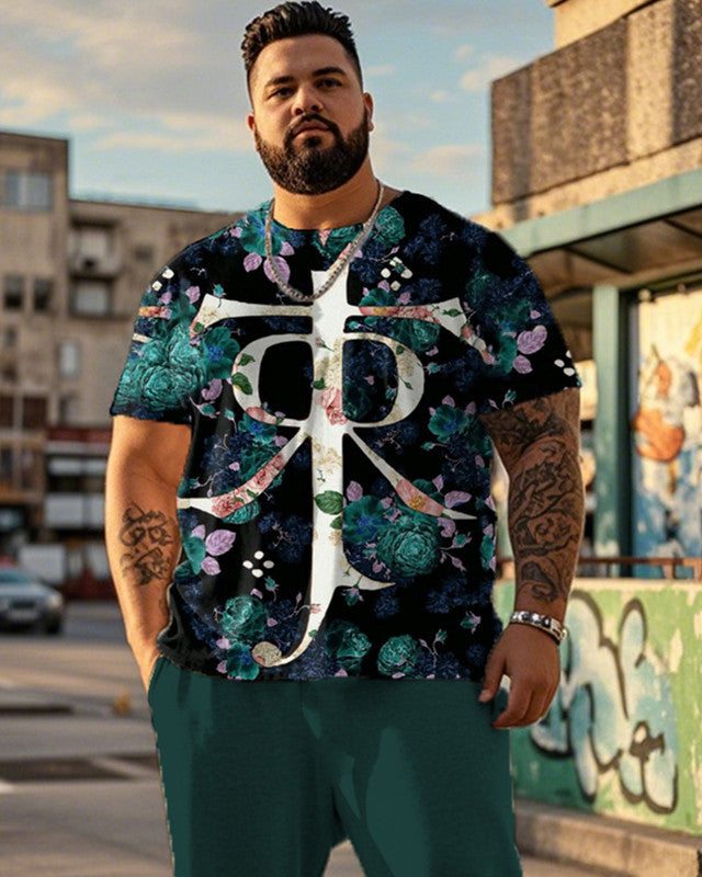 Finger Ring King Flower Print Large Size Short Sleeve T-shirt Pant Suit