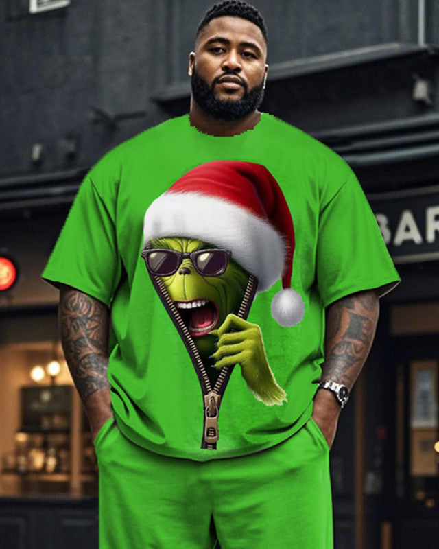 Christmas Monster Cute Print Large Size Short-sleeved T-shirt and Long Pants Two-piece Set