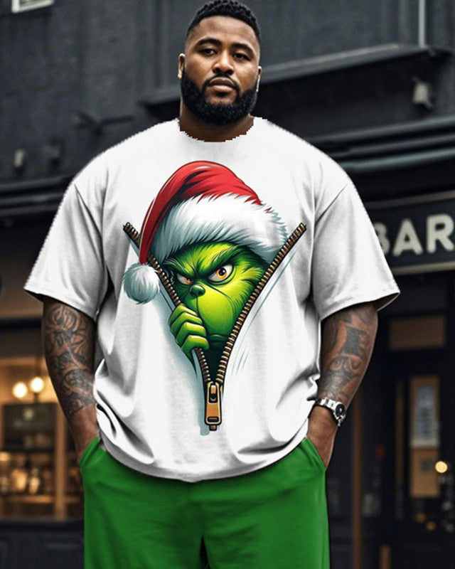 Christmas Monster Zipper Print Short-sleeved Top and Pants Plus Size Suit