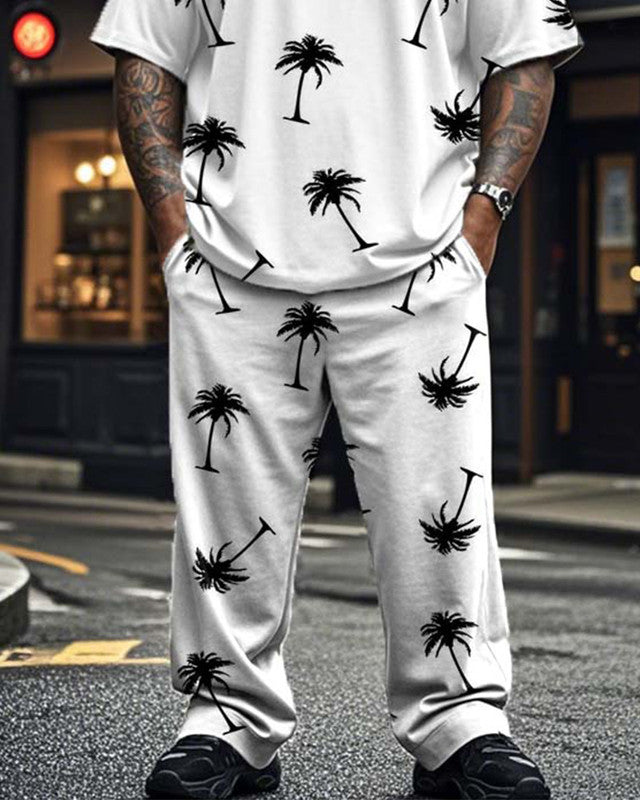Coconut Tree Color Matching Vacation Short Sleeve T-shirt and Pants Plus Size Suit