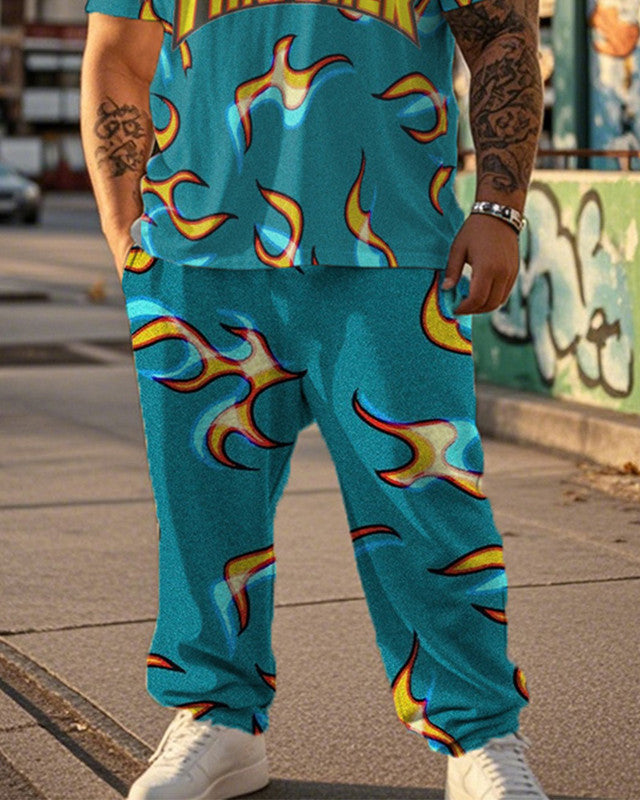 Flame Printed Oversized Short Sleeve Men's Suit
