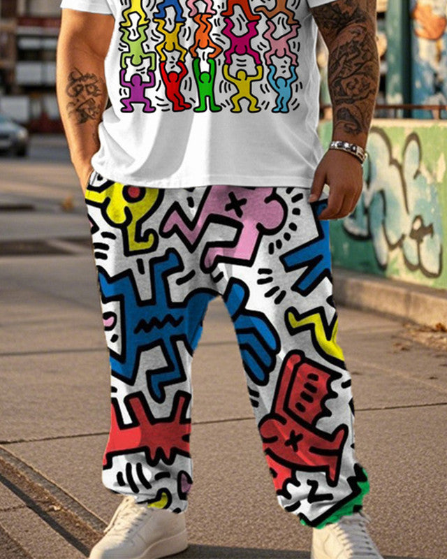 Colorful Cartoon Stickman Print Large Size Short-sleeved Men's Suit