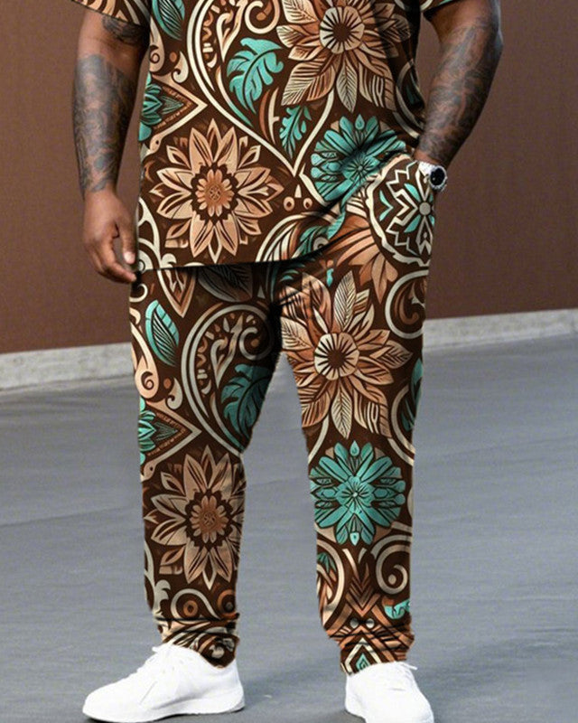 Western Pattern Large Size Short-sleeved T-shirt and Trousers Men's Suit