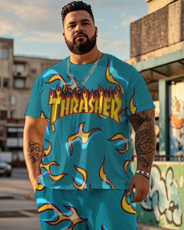 Flame Printed Oversized Short Sleeve Men's Suit