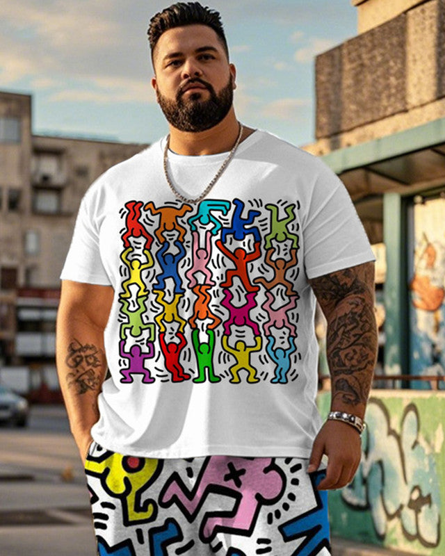 Colorful Cartoon Stickman Print Large Size Short-sleeved Men's Suit