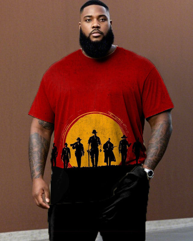 Western Plus Size Short Sleeve T-Shirt Trousers Men's Suit