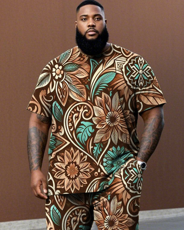 Western Pattern Large Size Short-sleeved T-shirt and Trousers Men's Suit