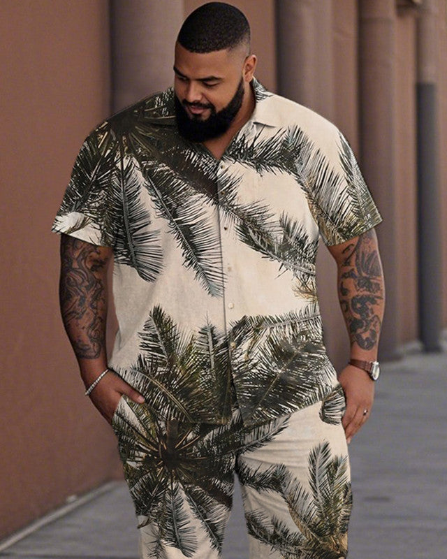 Men Coconut Tree Vacation Short Sleeve Shirt Pants Plus Size Suit