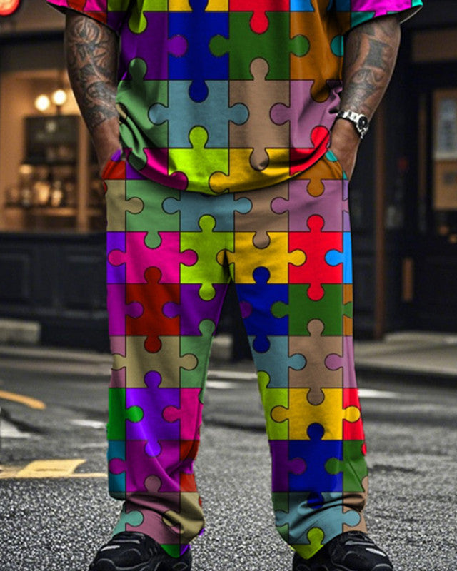 Color Puzzle Short-sleeved T-shirt and Trousers Plus Size Men's Suit