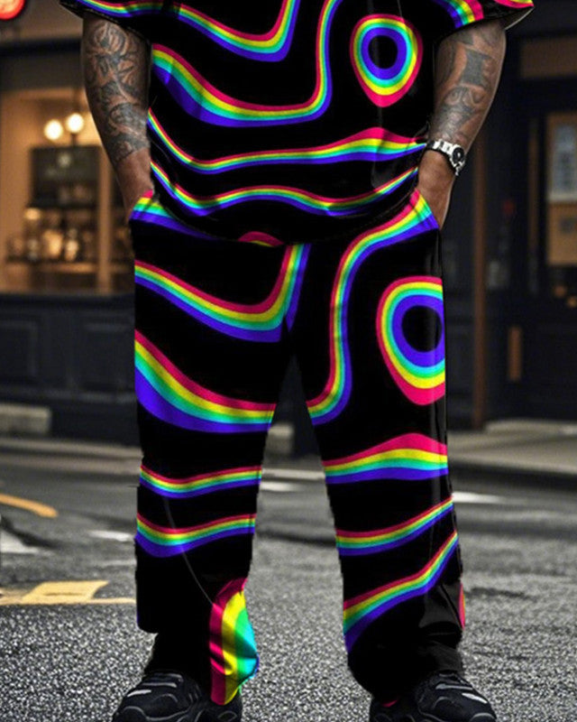 Colorful Personalized Striped Short-sleeved T-shirt and Trousers Plus Size Men's Suit
