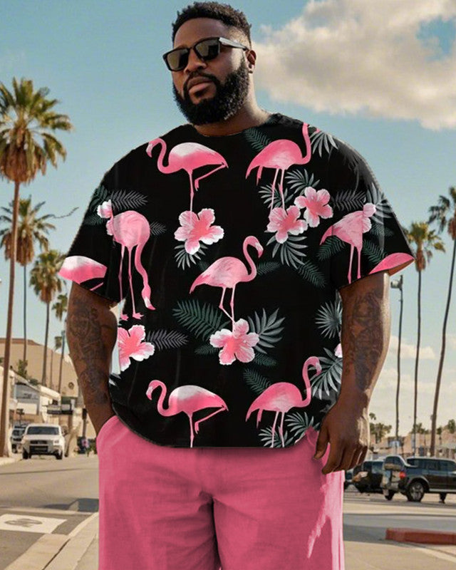 Colorblock Flamingo Short-sleeved T-shirt Shorts Large Size Men's Suit