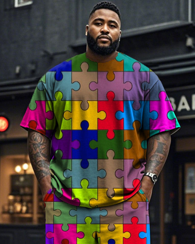 Color Puzzle Short-sleeved T-shirt and Trousers Plus Size Men's Suit