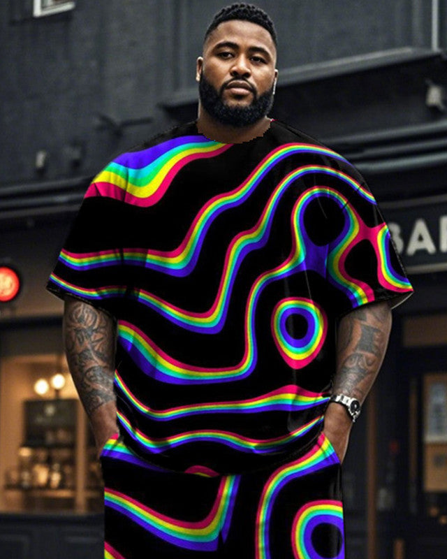 Colorful Personalized Striped Short-sleeved T-shirt and Trousers Plus Size Men's Suit