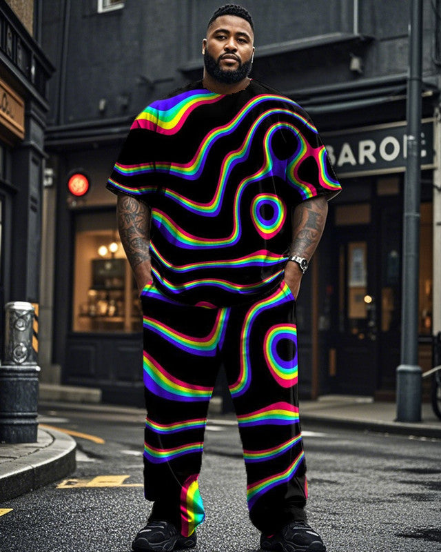 Colorful Personalized Striped Short-sleeved T-shirt and Trousers Plus Size Men's Suit