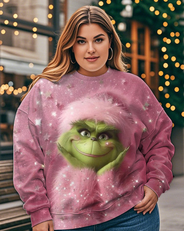 Ladies Cute Christmas Monster Print Round Neck Plus Size Long Sleeve Top