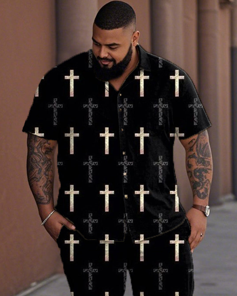 Cross Casual Large Size Short-sleeved Shirt and Trousers Men's Suit
