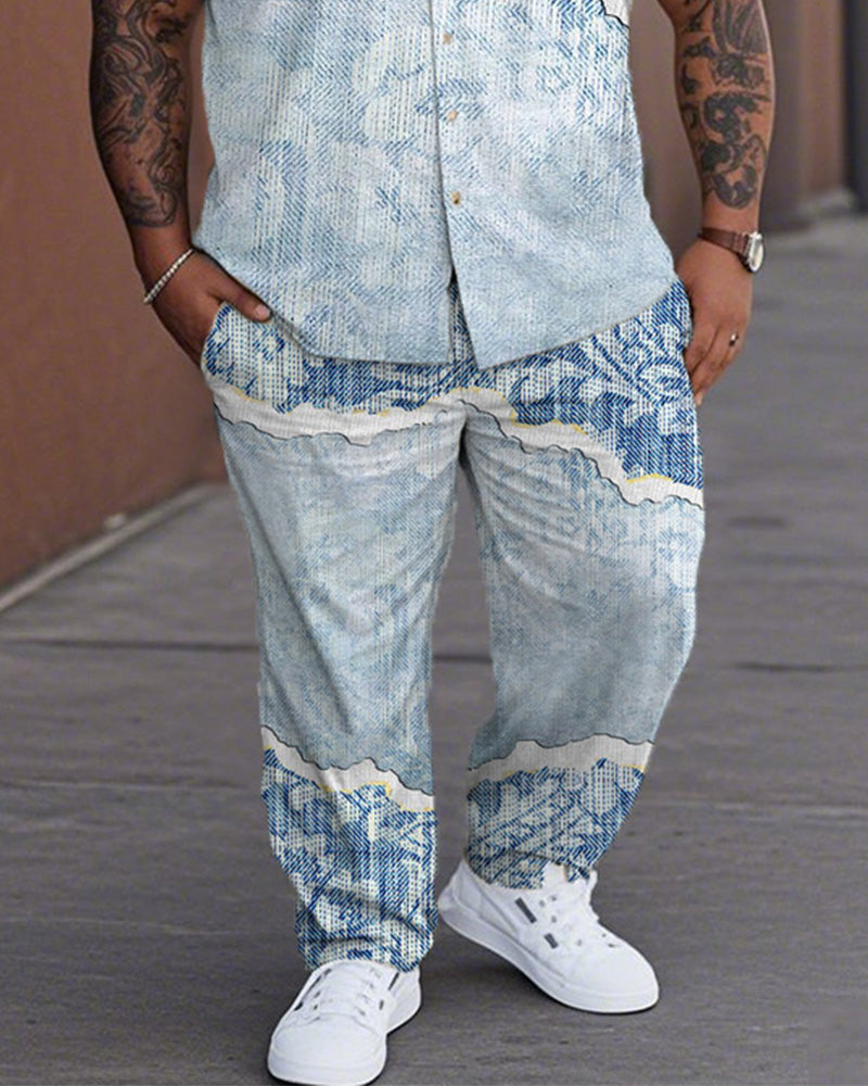 Men's Patterned Large Size Short-sleeved Shirt and Trousers Suit