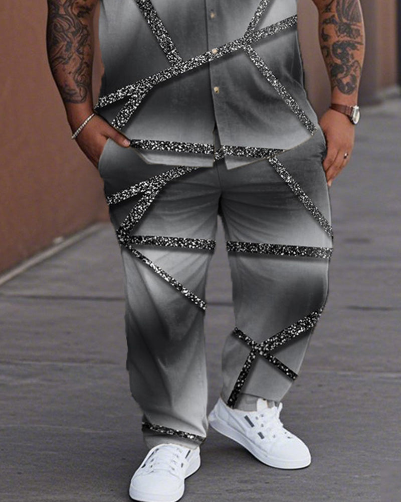 Gradient Color Diamond Check Plus Size Lapel Shirt and Pants Suit