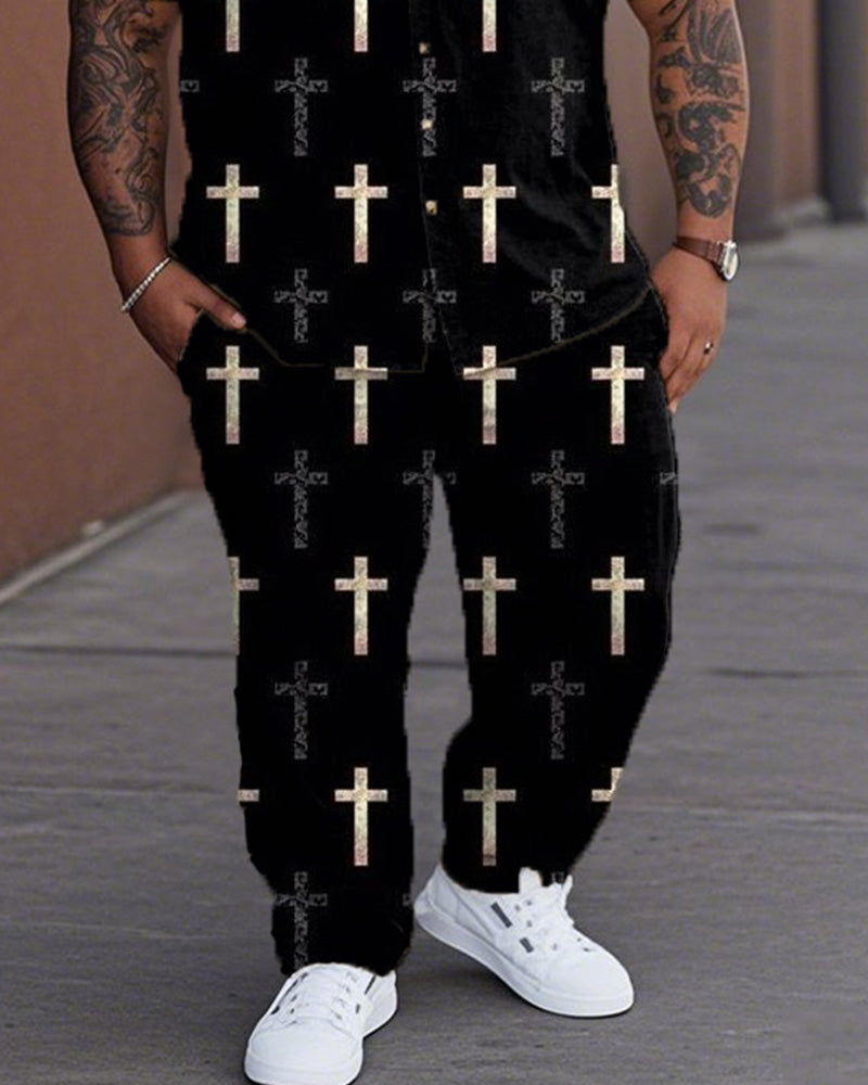 Cross Casual Large Size Short-sleeved Shirt and Trousers Men's Suit