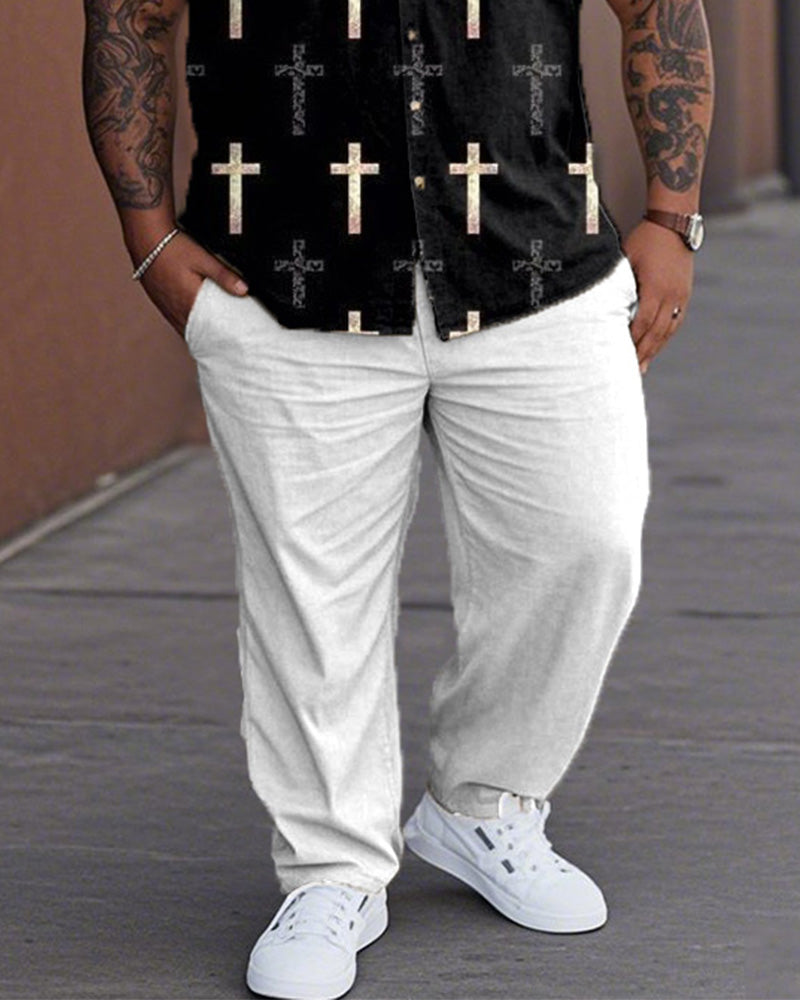 Cross Personalized Large Size Short Sleeve Lapel Shirt Trousers Men's Suit