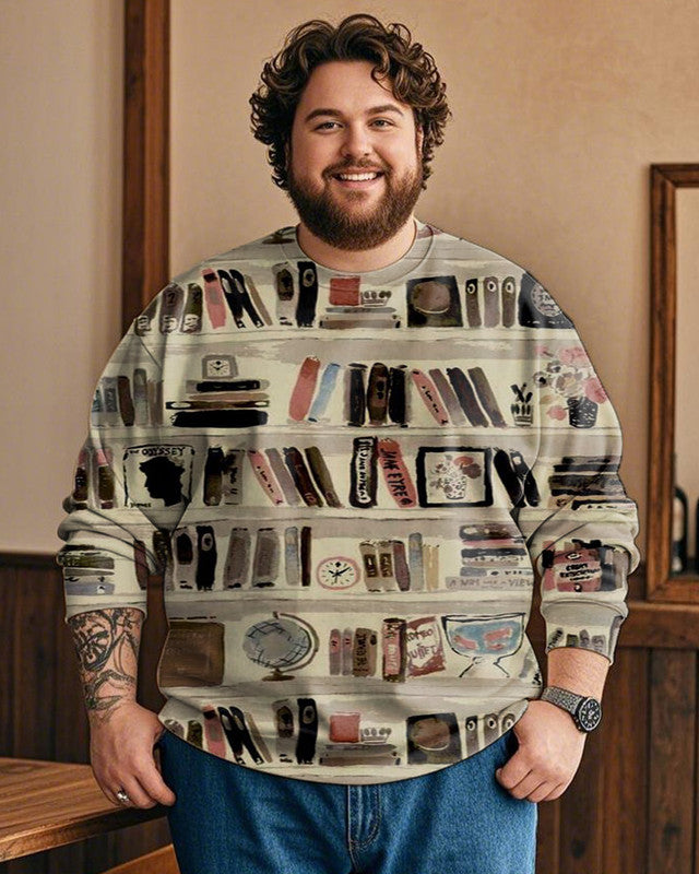 Vintage Book Print Plus-size Round Neck Long-sleeved Top
