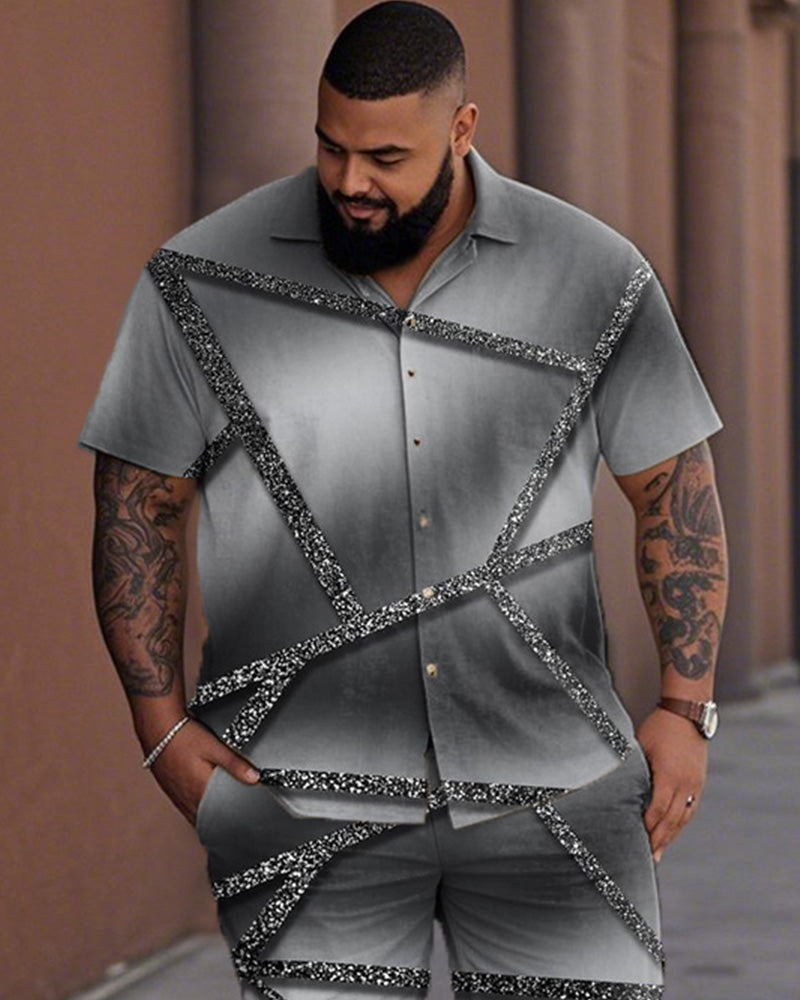Gradient Color Diamond Check Plus Size Lapel Shirt and Pants Suit
