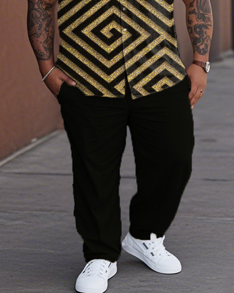 Plus-size Reverse-patterned Lapel Shirt and Pants Suit