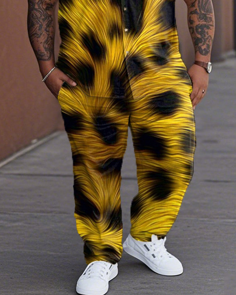Color-matching Leopard Print Large Size Lapel Shirt and Pants Suit