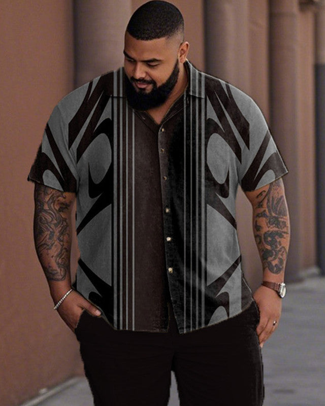 Colorblock Geometric Print Oversized Short Sleeve Shirt and Pants Men's Suit