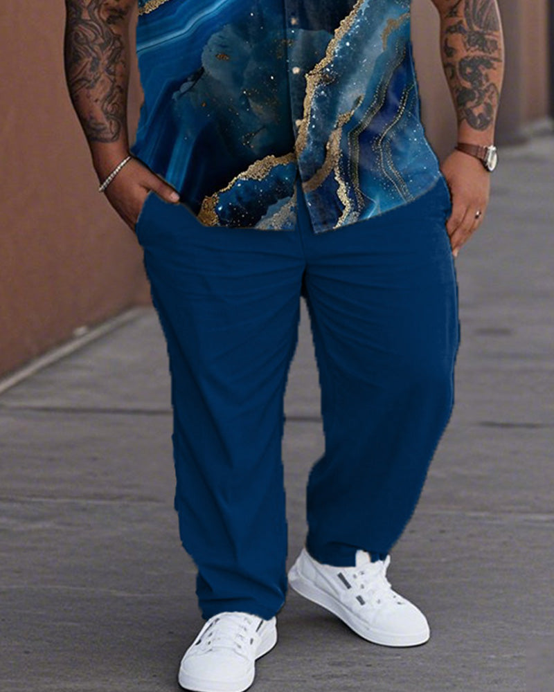 Flow-textured Plus-size Lapel Shirt and Pants Suit