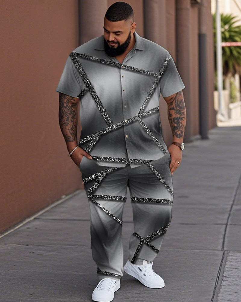 Gradient Color Diamond Check Plus Size Lapel Shirt and Pants Suit