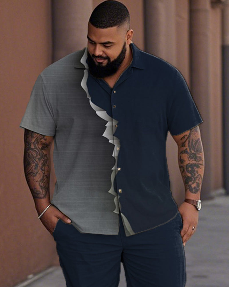 Colorblock Oversized Short Sleeve Shirt and Pants Men's Suit