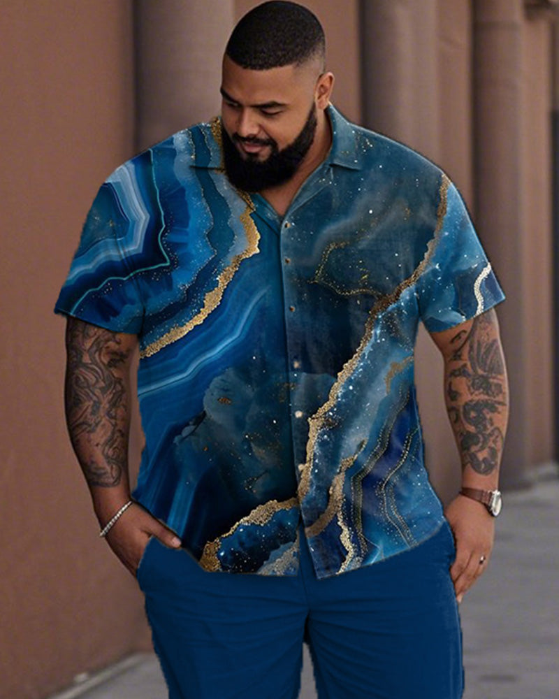 Flow-textured Plus-size Lapel Shirt and Pants Suit