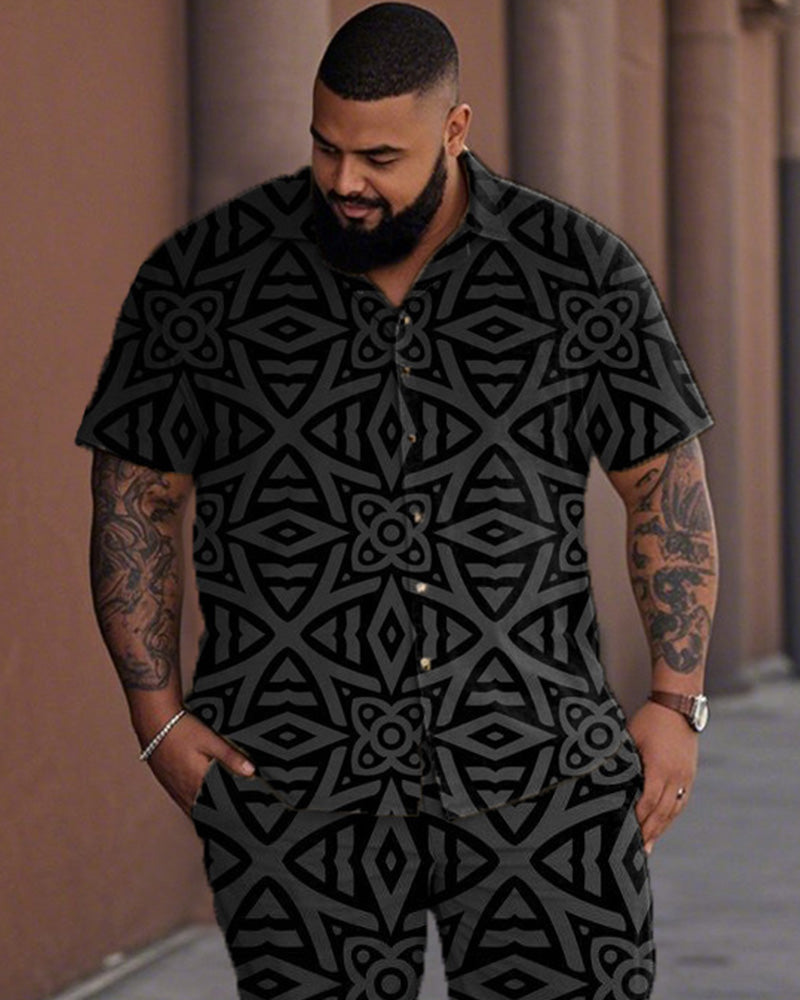 Men's Casual Large Size Short-sleeved Shirt and Trousers with Floral Pattern