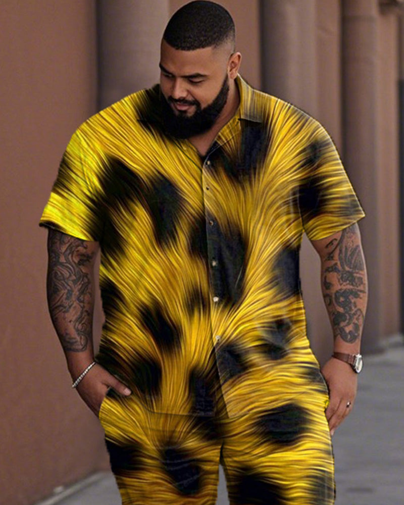 Color-matching Leopard Print Large Size Lapel Shirt and Pants Suit