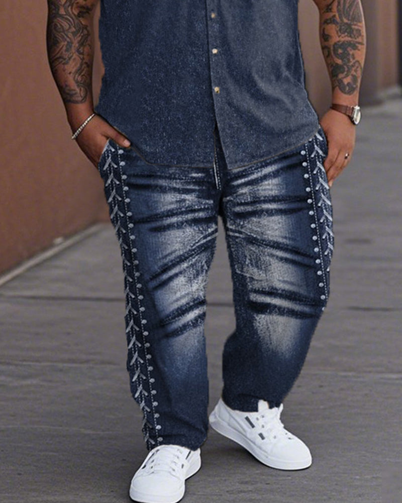 Fake Denim Plus-size Lapel Shirt and Pants Suit