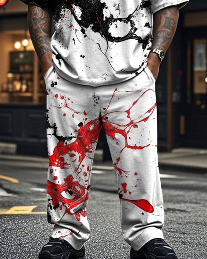 Personalized Ink-splashed Men's Large-size Short-sleeved Trousers Two-piece Suit