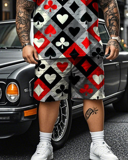 Mixed Color Diamond Check Printed Short Sleeve T-shirt Shorts Plus Size Men's Suit