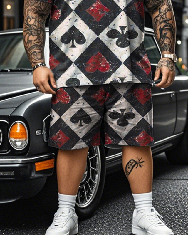 Street Color Diamond Check Printed Short Sleeve T-shirt Shorts Plus Size Men's Suit